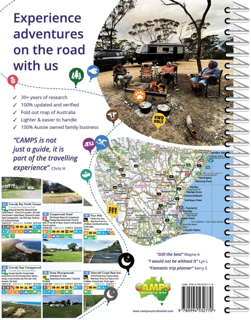 Book cover featuring road trip adventures, camping, larger maps, and campsite photos