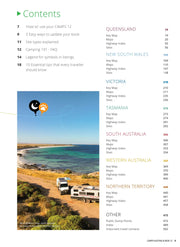 Contents page of Camps Australia Wide with campsite photos and larger maps in a coastal setting