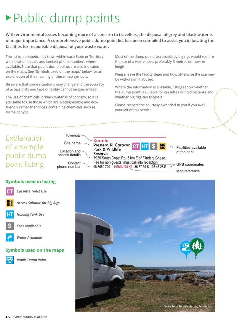 Information sheet on public dump points with larger maps and RV campsite photos