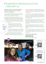 Magazine page promoting travel adventures with Camps Australia Wide campsite photos and larger maps