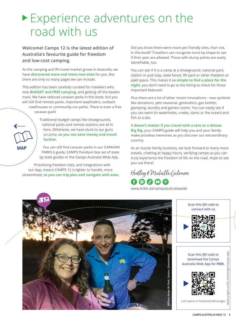 Magazine page promoting travel adventures with Camps Australia Wide campsite photos and larger maps