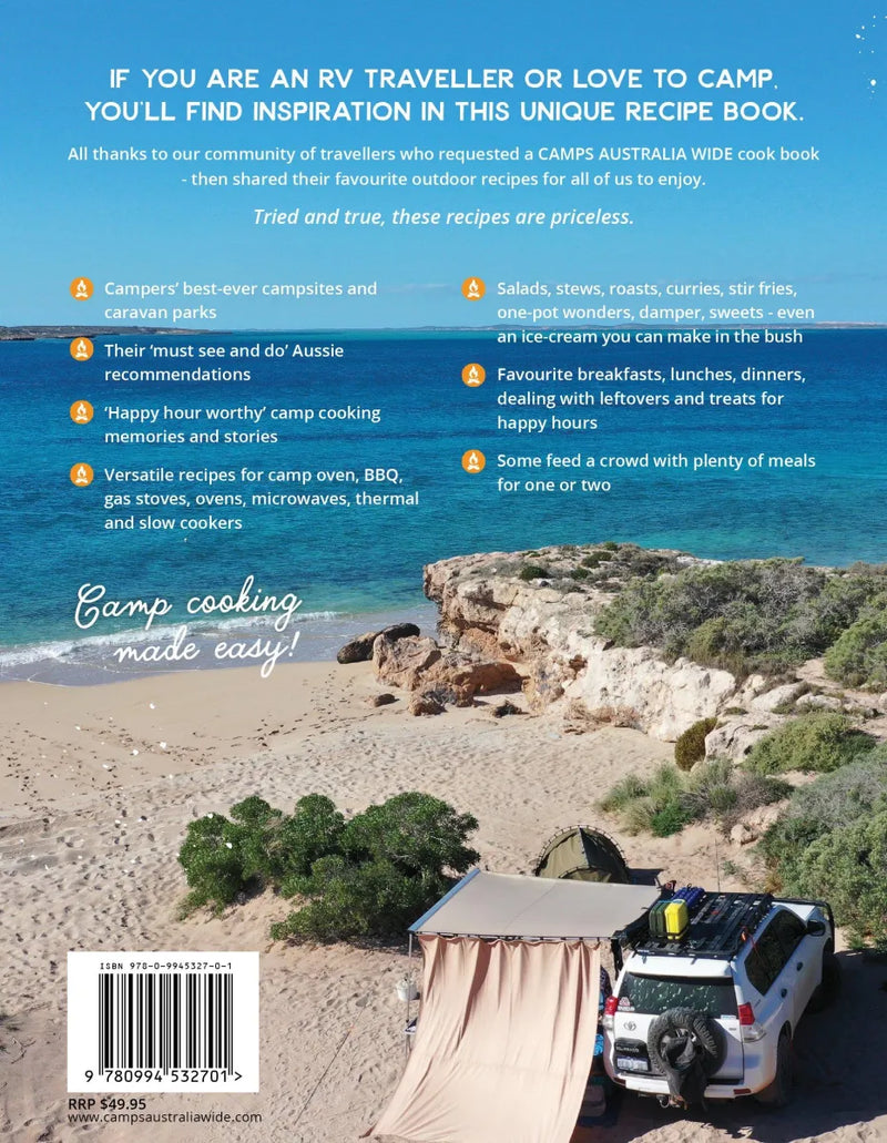 Book cover of The Camps Australia Wide Community Cookbook with coastal camping scene