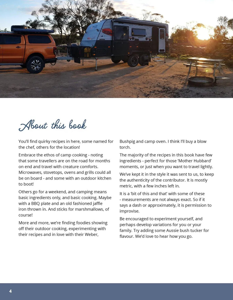 Camping trailer hitched to orange pickup at sunset, featured in The Camps Australia Wide Community Cookbook