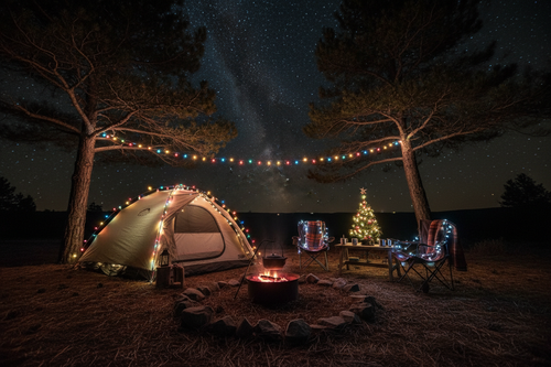 Campsite at night with Christmas lights