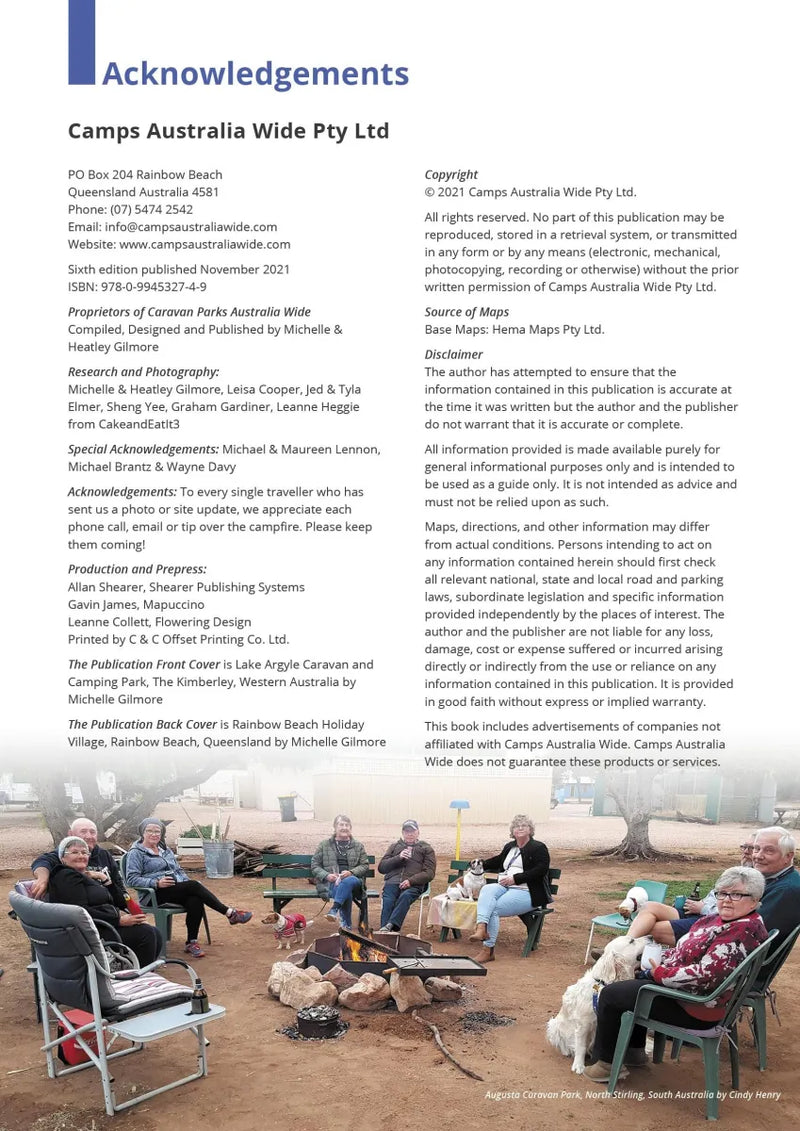 Acknowledgements page featuring campfire gathering from Caravan Parks Australia Wide Edition 6