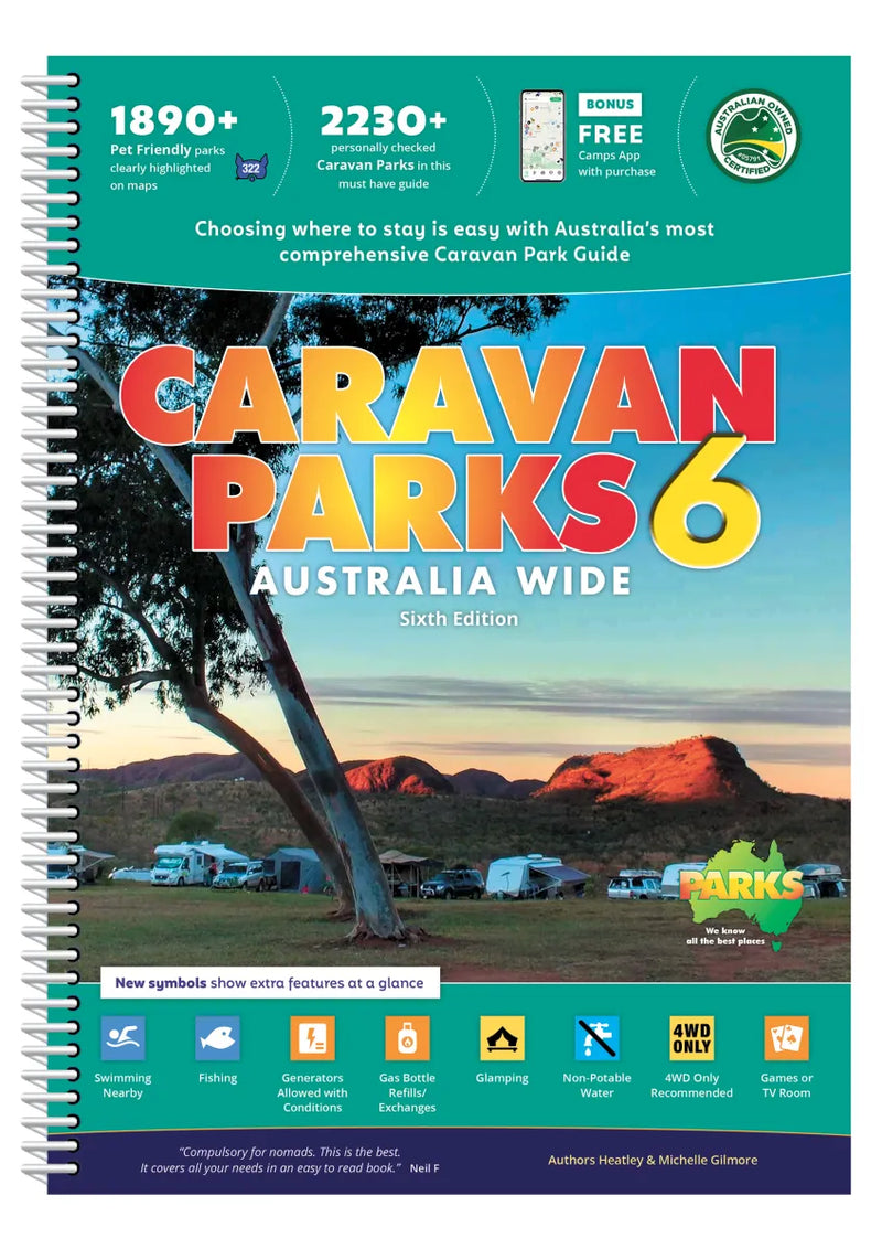 Book cover of Caravan Parks Australia Wide Edition 6 with sunset and caravans