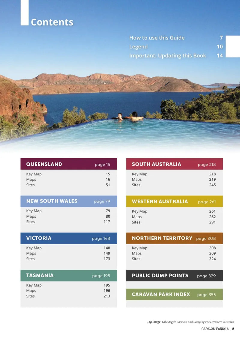Contents page of Caravan Parks Australia Wide with scenic lake and mountains view