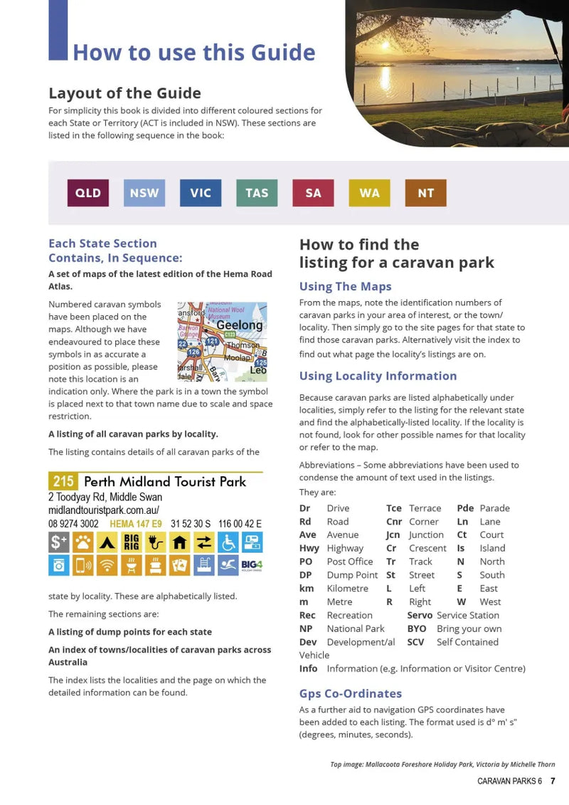 Guide page for using Caravan Parks Australia Wide directory with layout and symbols explained