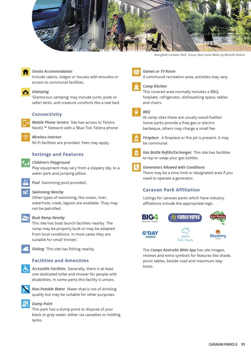 Product information page for Caravan Parks Australia Wide showcasing RV features and specs