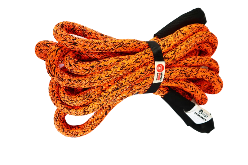 Coiled orange Carbon Offroad kinetic recovery rope with black straps for offroad recovery
