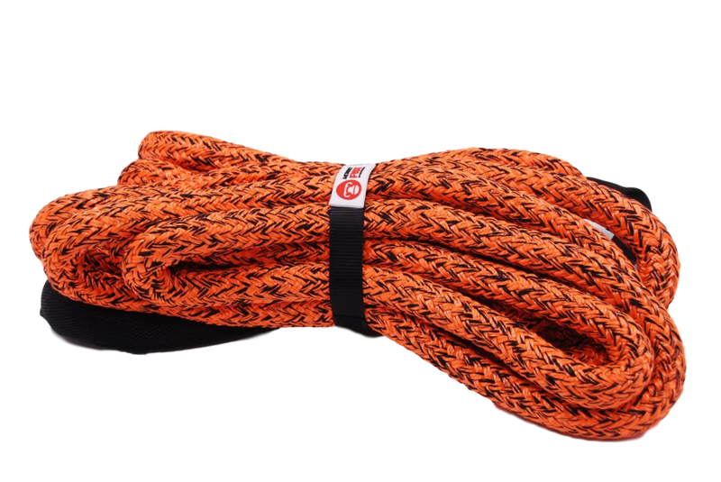 Coiled orange Carbon Offroad Kinetic Recovery Rope with black flecks and strap for recovery