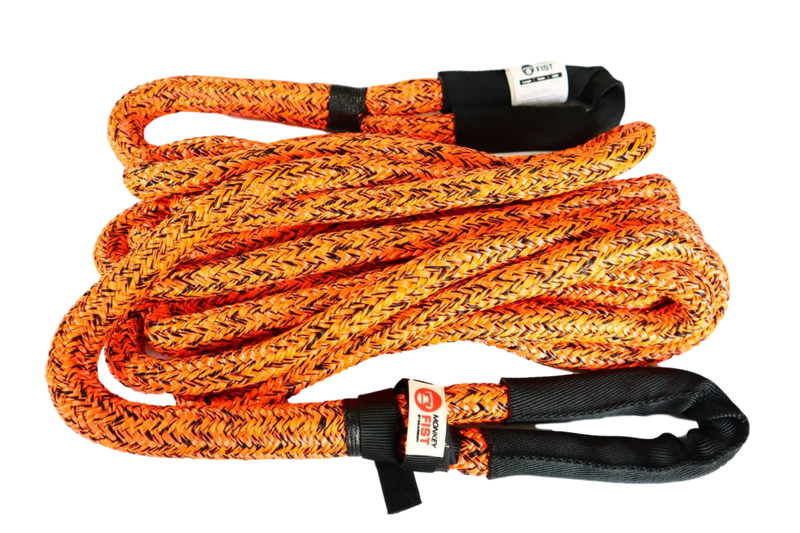 Orange and yellow braided carbon offroad kinetic recovery rope with black end loops
