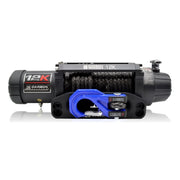 Electric winch with synthetic rope and blue hook, Carbon 12K Winch with remote control