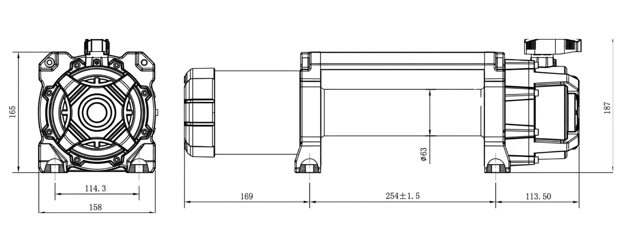 Carbon Offroad 12K winch technical dimension drawing