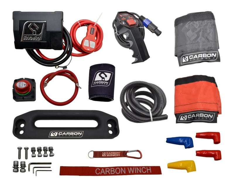 Carbon 12K Winch with Black Synthetic Rope, off-road recovery and winching accessories
