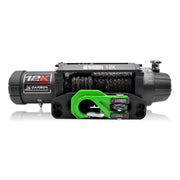 Heavy-duty Carbon 12K Winch with black synthetic rope and bright green hook for 12k winch needs