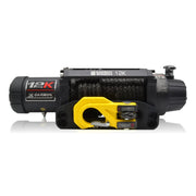 Heavy-duty Carbon 12K Winch with black body, yellow hook, and remote control attachment