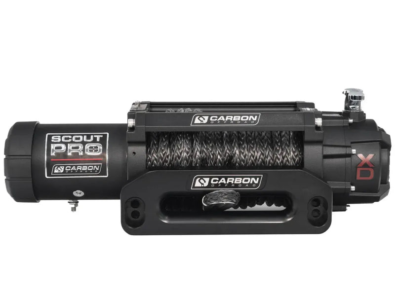 Black electric winch with synthetic rope and Carbon branding for Carbon Offroad Scout Pro Extreme