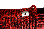 Red and black knitted winch rope with metal fastener for high mount winch upgrades