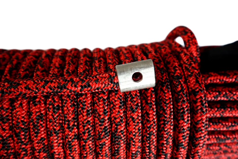 Red and black knitted winch rope with metal fastener for high mount winch upgrades