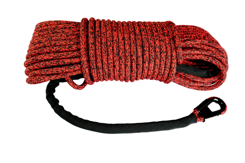 Red synthetic winch rope with black hook attachment for high mount winch upgrade kit
