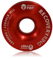 Red metallic recovery ring with Monkey Fist branding for winch recovery in offroad kits