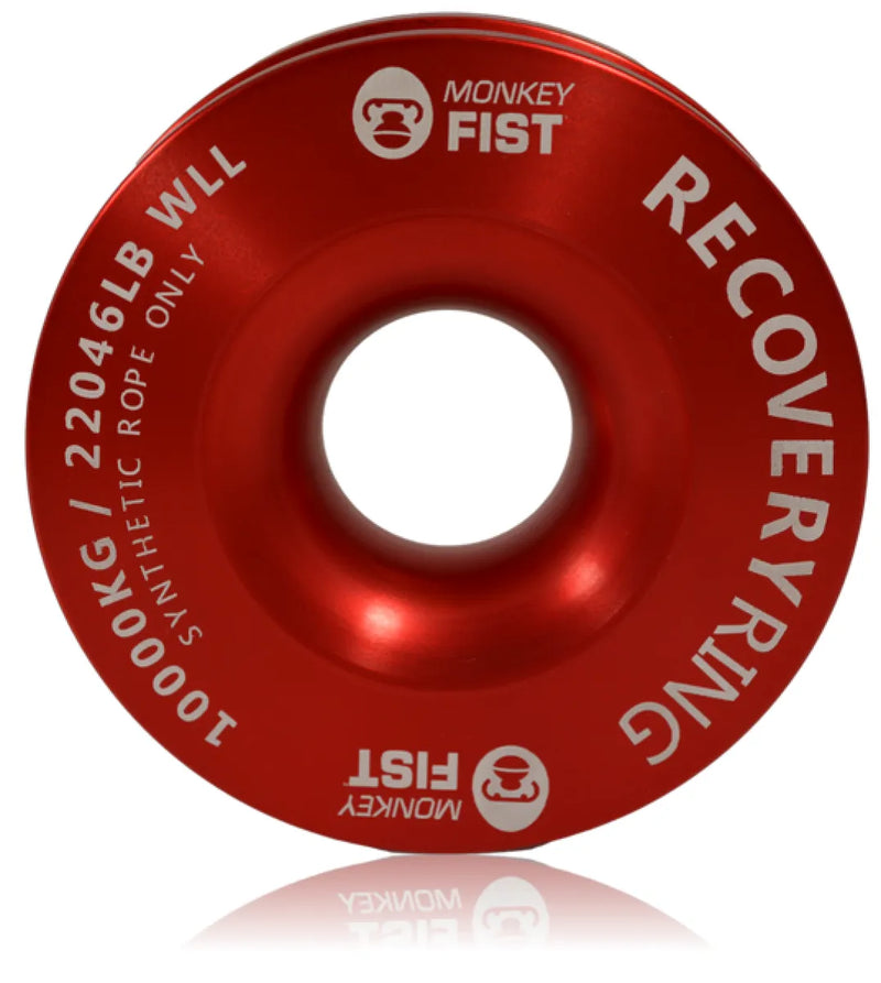 Red metallic recovery ring with Monkey Fist branding for winch recovery in offroad kits
