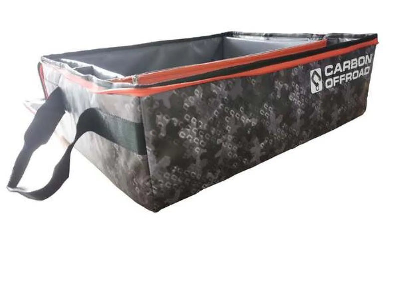 Camouflage-patterned gear cube storage with red trim and carrying strap for Carbon Offroad