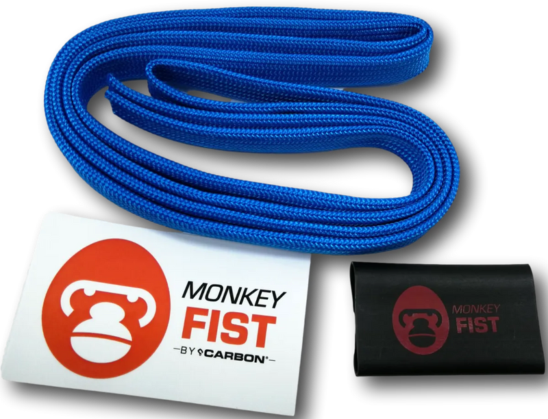 Bright blue braided monkey fist rope coiled in a loop for Carbon Offroad Monkey Fist Rope Sheath