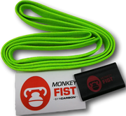 Bright green monkey fist rope with brand tags for Carbon Offroad Fist Rope Sheath