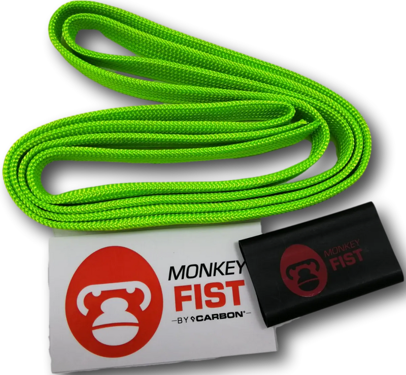 Bright green monkey fist rope with brand tags for Carbon Offroad Fist Rope Sheath