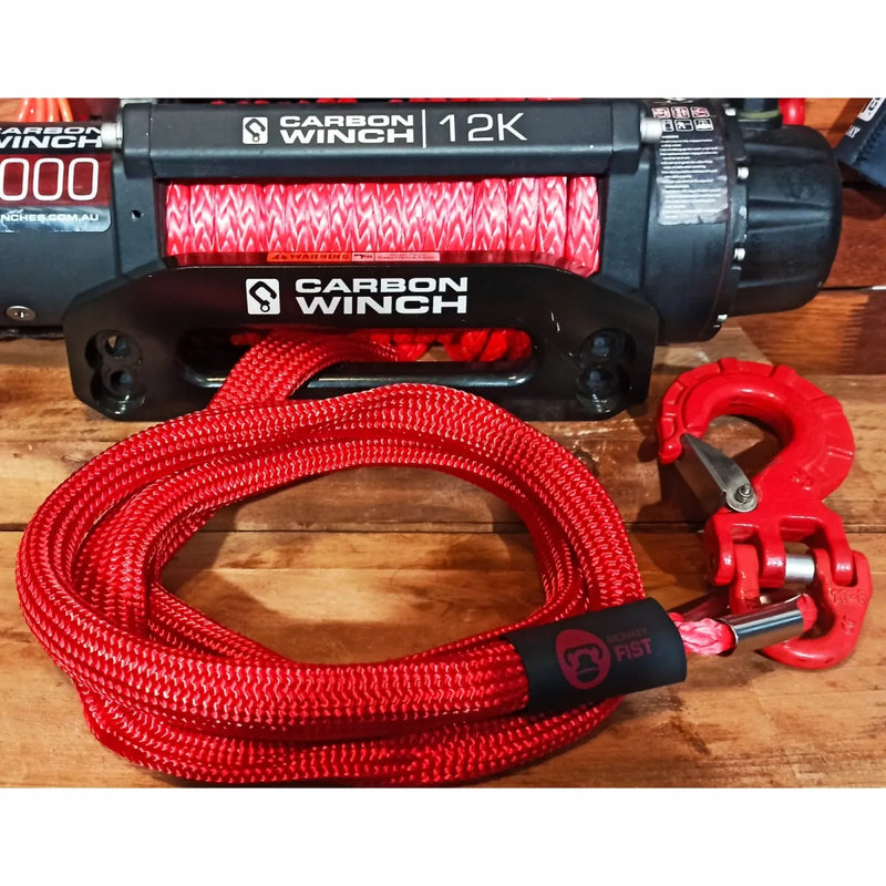 Carbon Winch 12K with red synthetic rope and hook using a durable Monkey Fist Rope sheath