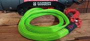 Bright green synthetic monkey fist rope with red hook attachment for offroad tow lines