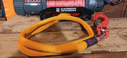 Bright yellow synthetic monkey fist rope with red metal hook for off-road equipment