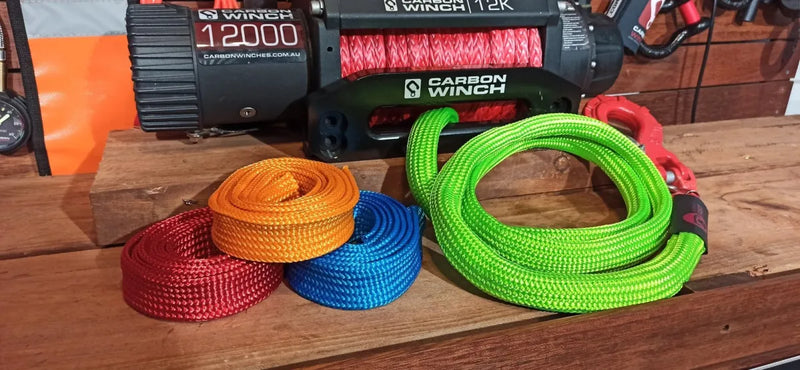 Electric winch with colorful monkey fist rope straps from Carbon Offroad Monkey Fist Rope Sheath