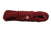 Coiled red carbon offroad winch rope with black flecks and white tag for low mount winch