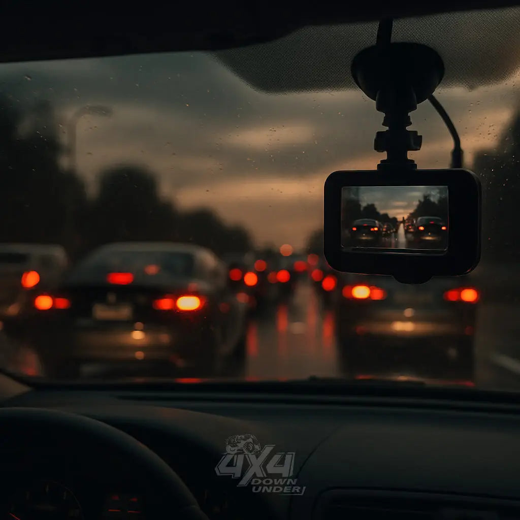Night time shot of dash cam through windshield showing traffic