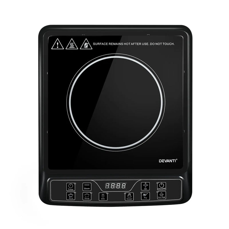 Devanti Electric Portable Induction Cooktop with digital controls and circular cooking surface