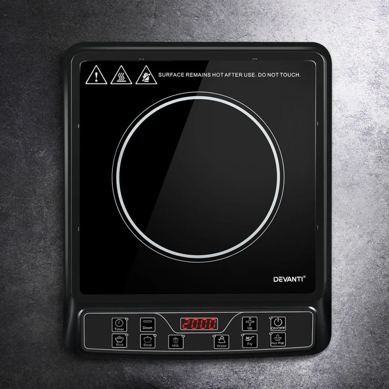 Portable Devanti induction cooktop with digital controls and circular cooking surface