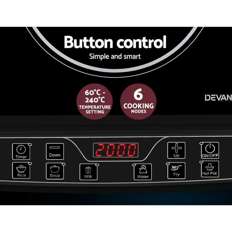 Control panel of Devanti Electric Portable Induction Cooktop with digital display and buttons