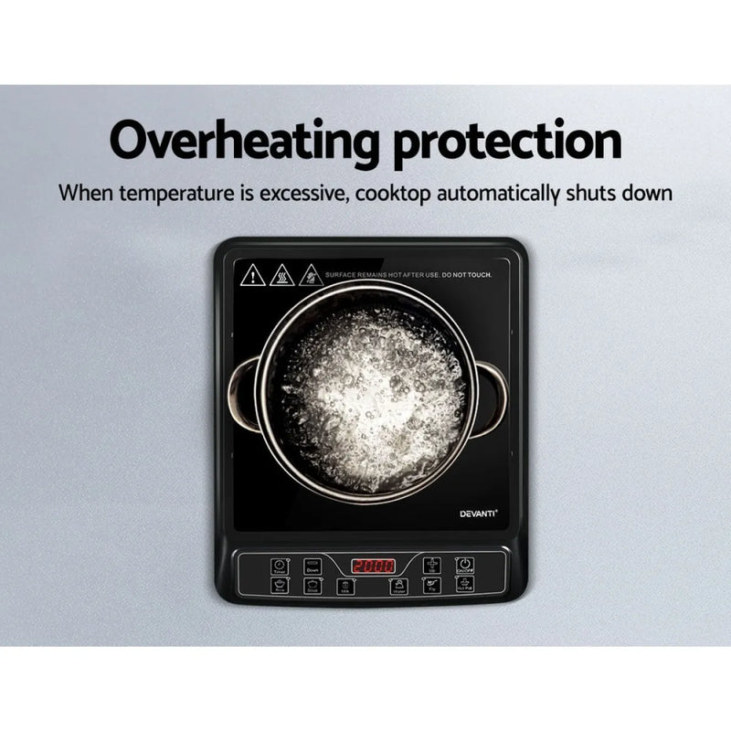 Devanti Electric Portable Induction Cooktop with a pot of boiling water on its surface