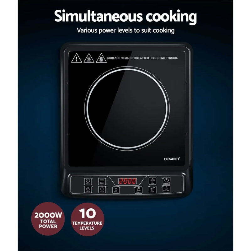 Devanti induction cooktop with sleek black design and digital controls