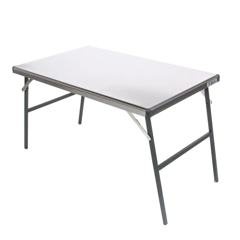 Large stainless steel camping table with folding rectangular design and metal frame