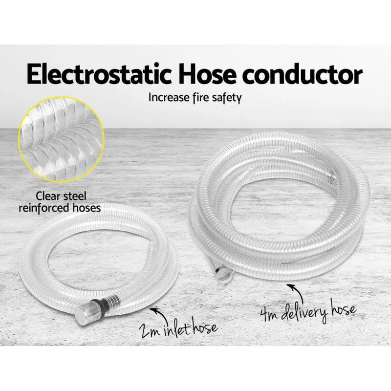 Electrostatic hose conductor with steel reinforced hoses for fire-safe water transfer pump