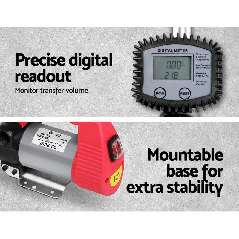 Electric 12V Diesel Oil Water Transfer Pump with Digital Flow Meter and Mountable Base