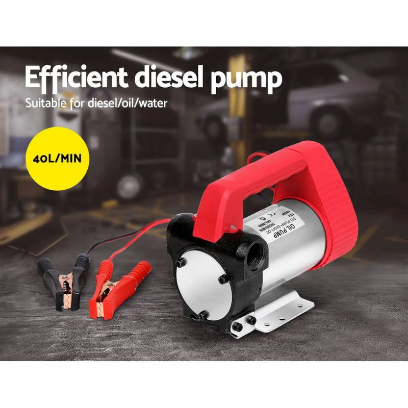 Portable electric diesel transfer pump with red handle, black body, 40L/MIN for water transfer