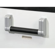 Cabinet handle with silver end brackets and black grip bar on EvaKool 65L dual zone fridge freezer