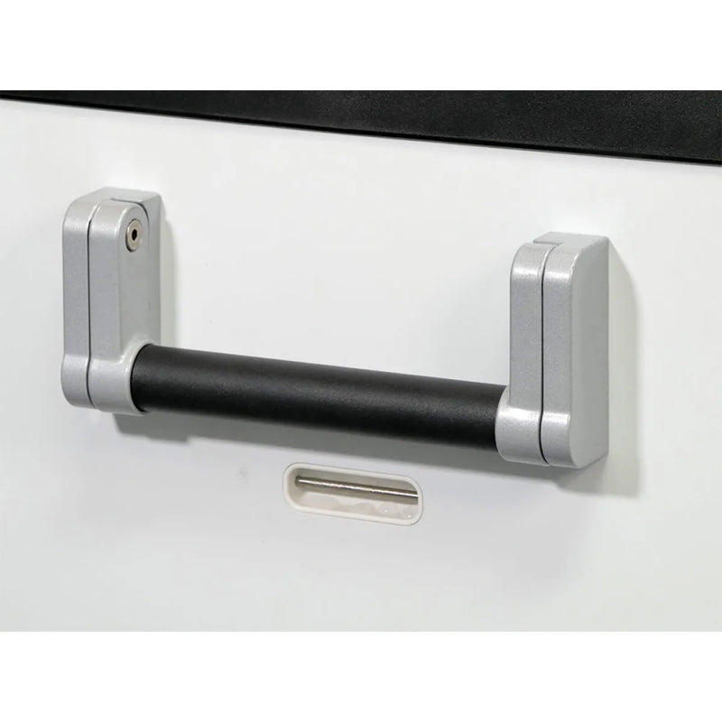 Cabinet handle with silver end brackets and black grip bar on EvaKool 65L dual zone fridge freezer