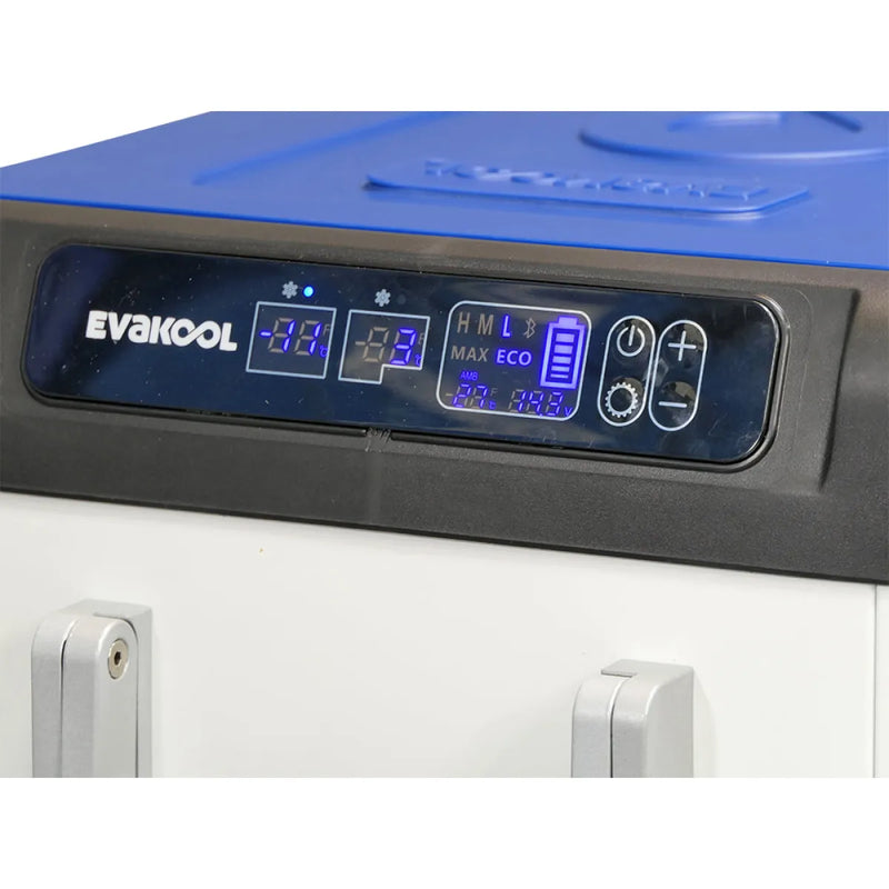Digital control panel of EvaKool 65L Down Under Series II dual zone fridge freezer showing temperature and settings