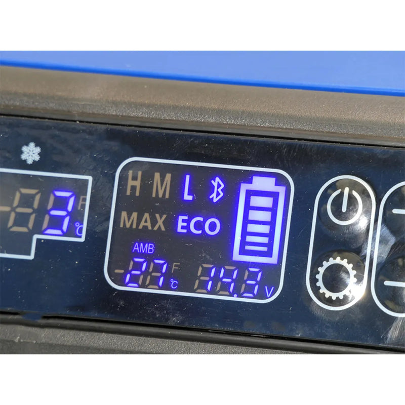 Digital display panel on EvaKool 65L Down Under Series II dual zone fridge freezer showing temperature and battery level